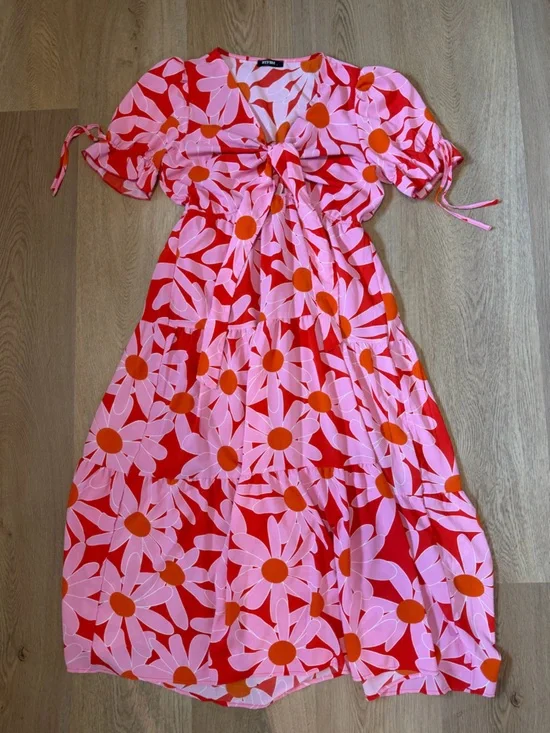 Pink Floral Tie-Front Maxi  Dress women’s large - Picture 2 of 7